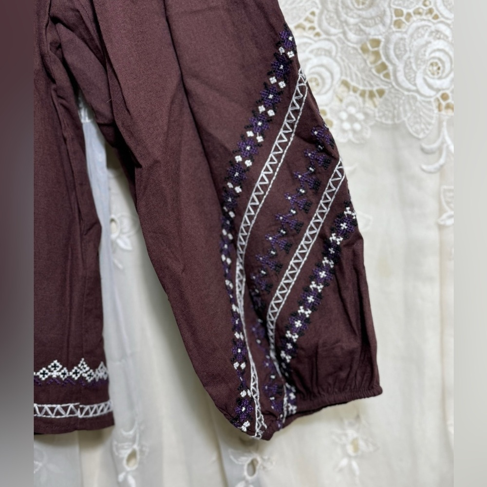 Zara Embroidered & Beaded Long-Sleeve Tunic - Brown with White & Purple Accents - Picture 5 of 13
